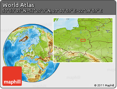 Physical Location Map of the Area around 52° 6' 54" N, 22° 10' 29" E