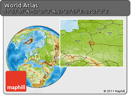 Physical Location Map of the Area around 52° 6' 54" N, 23° 52' 30" E