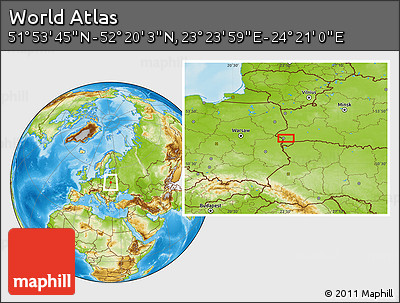 Physical Location Map of the Area around 52° 6' 54" N, 23° 52' 30" E