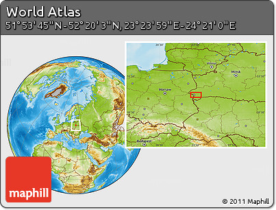 Physical Location Map of the Area around 52° 6' 54" N, 23° 52' 30" E