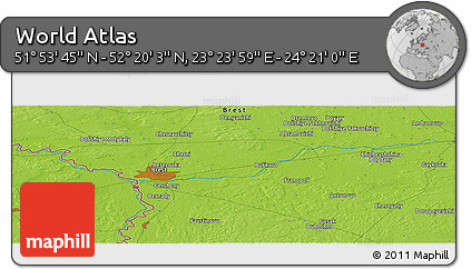 Physical Panoramic Map of the Area around 52° 6' 54" N, 23° 52' 30" E