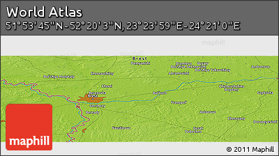 Physical Panoramic Map of the Area around 52° 6' 54" N, 23° 52' 30" E