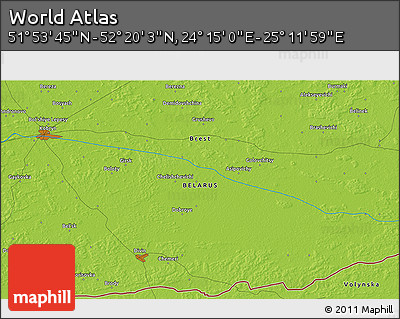 Physical 3D Map of the Area around 52° 6' 54" N, 24° 43' 30" E