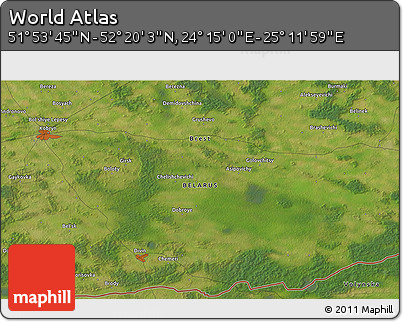 Satellite 3D Map of the Area around 52° 6' 54" N, 24° 43' 30" E