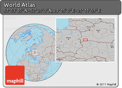 Gray Location Map of the Area around 52° 6' 54" N, 24° 43' 30" E