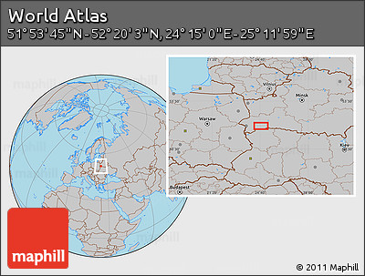 Gray Location Map of the Area around 52° 6' 54" N, 24° 43' 30" E
