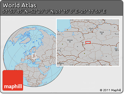 Gray Location Map of the Area around 52° 6' 54" N, 24° 43' 30" E