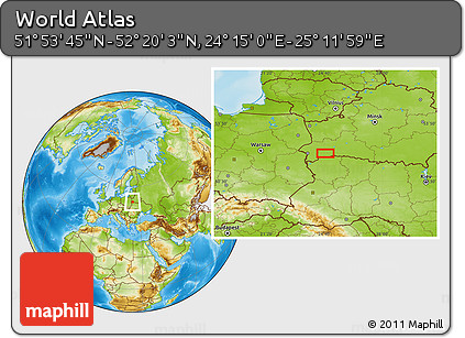 Physical Location Map of the Area around 52° 6' 54" N, 24° 43' 30" E