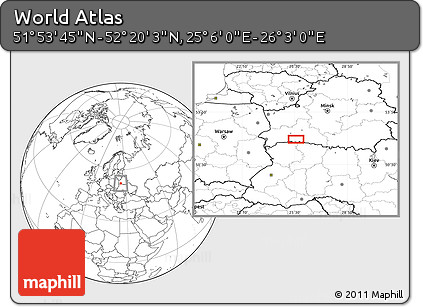 Blank Location Map of the Area around 52° 6' 54" N, 25° 34' 30" E