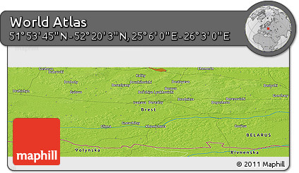Physical Panoramic Map of the Area around 52° 6' 54" N, 25° 34' 30" E