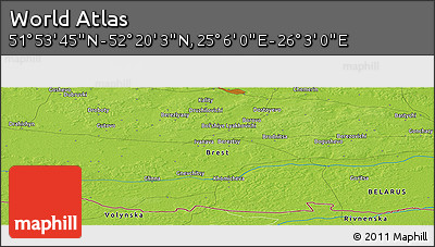 Physical Panoramic Map of the Area around 52° 6' 54" N, 25° 34' 30" E