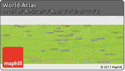 Physical Panoramic Map of the Area around 52° 6' 54" N, 25° 34' 30" E