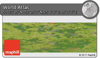 Satellite Panoramic Map of the Area around 52° 6' 54" N, 25° 34' 30" E