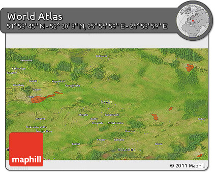 Satellite 3D Map of the Area around 52° 6' 54" N, 26° 25' 29" E