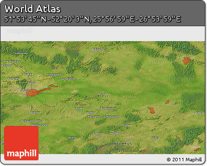 Satellite 3D Map of the Area around 52° 6' 54" N, 26° 25' 29" E
