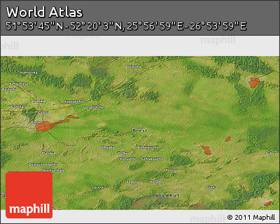 Satellite 3D Map of the Area around 52° 6' 54" N, 26° 25' 29" E