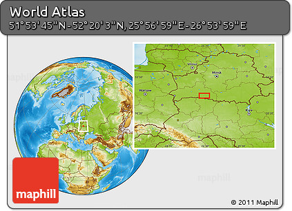 Physical Location Map of the Area around 52° 6' 54" N, 26° 25' 29" E