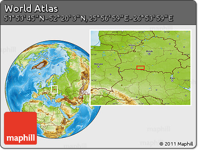 Physical Location Map of the Area around 52° 6' 54" N, 26° 25' 29" E