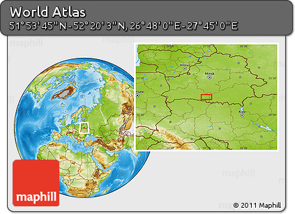 Physical Location Map of the Area around 52° 6' 54" N, 27° 16' 29" E