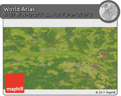 Satellite 3D Map of the Area around 52° 6' 54" N, 28° 58' 30" E