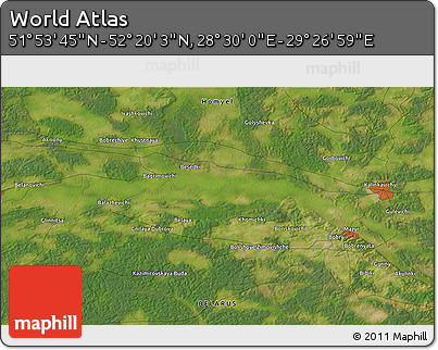 Satellite 3D Map of the Area around 52° 6' 54" N, 28° 58' 30" E