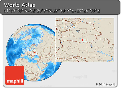 Shaded Relief Location Map of the Area around 52° 6' 54" N, 28° 58' 30" E
