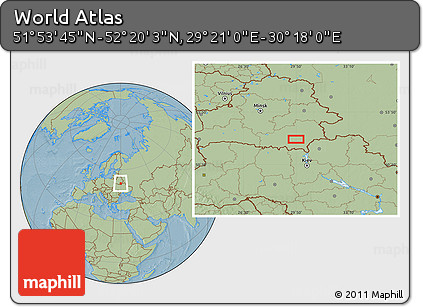 Savanna Style Location Map of the Area around 52° 6' 54" N, 29° 49' 30" E, hill shading
