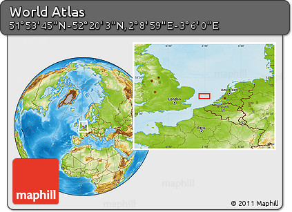 Physical Location Map of the Area around 52° 6' 54" N, 2° 37' 30" E