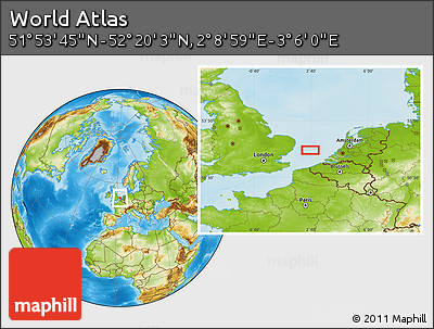 Physical Location Map of the Area around 52° 6' 54" N, 2° 37' 30" E
