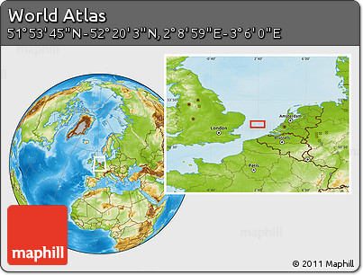 Physical Location Map of the Area around 52° 6' 54" N, 2° 37' 30" E