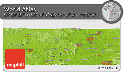 Physical Panoramic Map of the Area around 52° 6' 54" N, 2° 28' 30" W