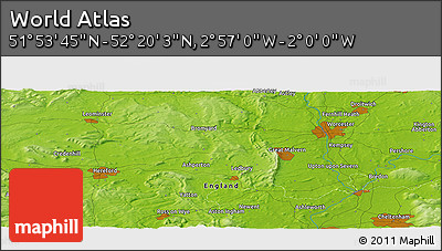 Physical Panoramic Map of the Area around 52° 6' 54" N, 2° 28' 30" W