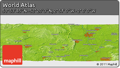 Physical Panoramic Map of the Area around 52° 6' 54" N, 2° 28' 30" W
