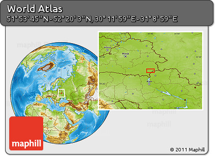 Physical Location Map of the Area around 52° 6' 54" N, 30° 40' 29" E