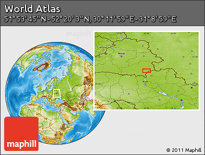 Physical Location Map of the Area around 52° 6' 54" N, 30° 40' 29" E
