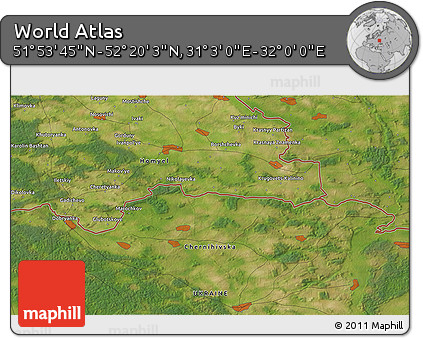 Satellite 3D Map of the Area around 52° 6' 54" N, 31° 31' 29" E