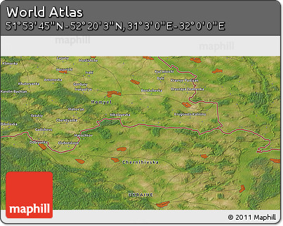 Satellite 3D Map of the Area around 52° 6' 54" N, 31° 31' 29" E