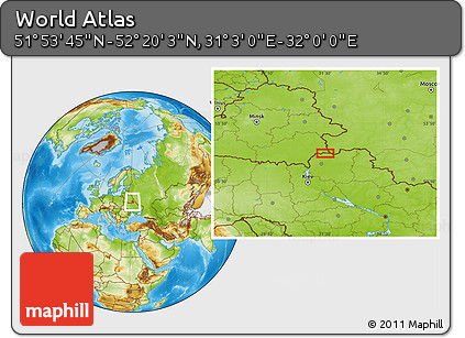 Physical Location Map of the Area around 52° 6' 54" N, 31° 31' 29" E