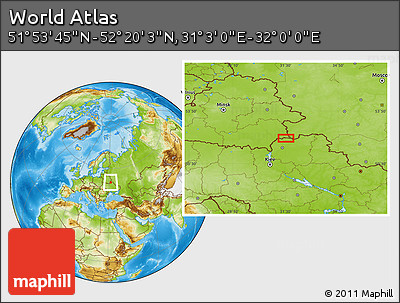 Physical Location Map of the Area around 52° 6' 54" N, 31° 31' 29" E