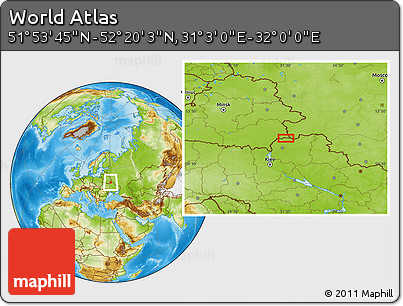 Physical Location Map of the Area around 52° 6' 54" N, 31° 31' 29" E