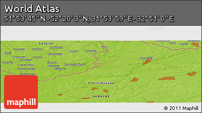Physical Panoramic Map of the Area around 52° 6' 54" N, 32° 22' 30" E
