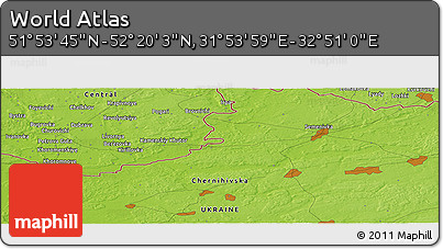 Physical Panoramic Map of the Area around 52° 6' 54" N, 32° 22' 30" E