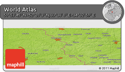 Physical Panoramic Map of the Area around 52° 6' 54" N, 34° 4' 30" E