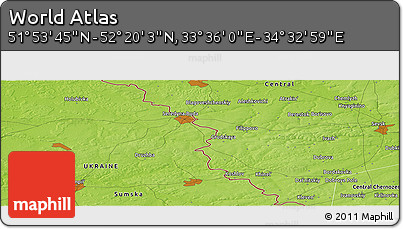 Physical Panoramic Map of the Area around 52° 6' 54" N, 34° 4' 30" E