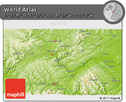 Physical 3D Map of the Area around 52° 6' 54" N, 3° 19' 30" W