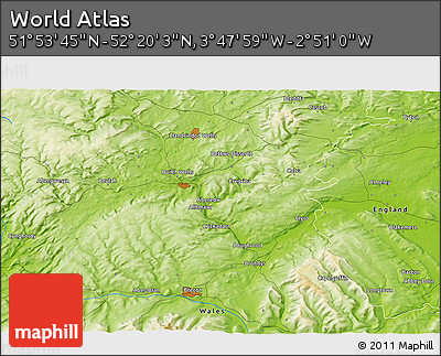 Physical 3D Map of the Area around 52° 6' 54" N, 3° 19' 30" W