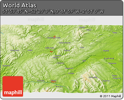 Physical 3D Map of the Area around 52° 6' 54" N, 3° 19' 30" W