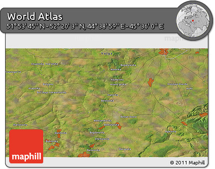 Satellite 3D Map of the Area around 52° 6' 54" N, 45° 7' 30" E