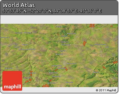 Satellite 3D Map of the Area around 52° 6' 54" N, 45° 7' 30" E