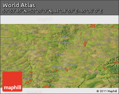 Satellite 3D Map of the Area around 52° 6' 54" N, 45° 7' 30" E